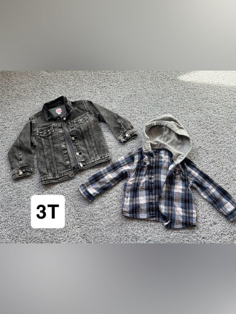 wonder nation Black Denim Jacket & Blue Plaid Hooded Shirt-Jacket Set
